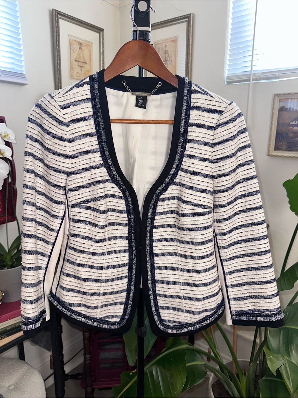 White House Black Market Navy and White Striped Tweed Open-Front Jacket - Picture 4 of 8